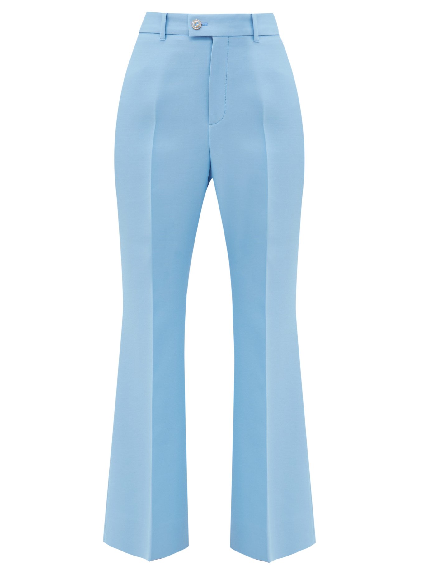 blue flared trousers