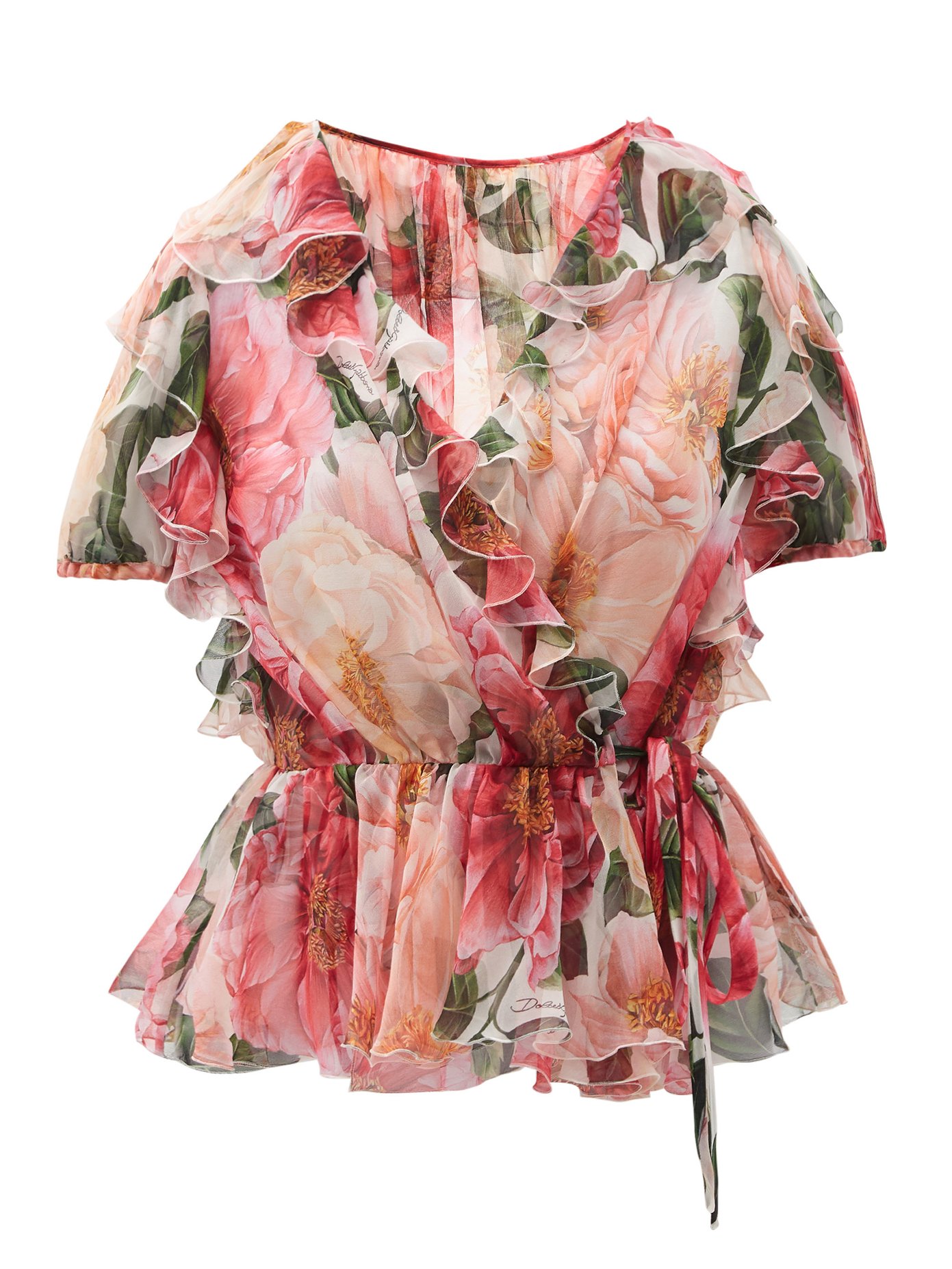 Camellia-print silk-chiffon wrap blouse 