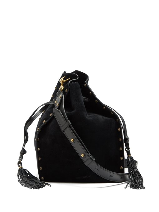 black suede bucket bag