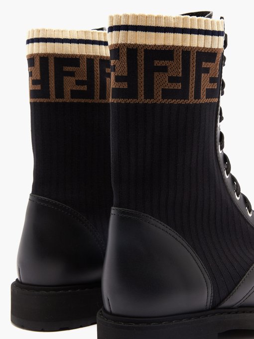 Knitted-panel lace-up leather boots 