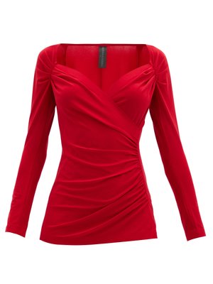 Queen Anne-neckline gathered stretch-jersey top | Norma Kamali ...