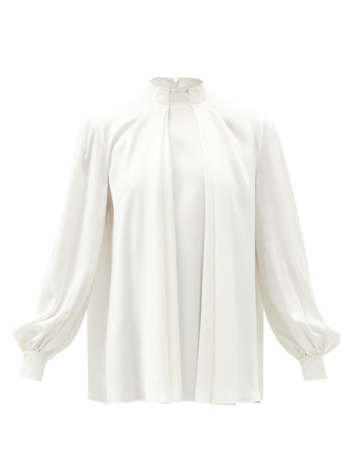 High-neck pleated silk-satin blouse 