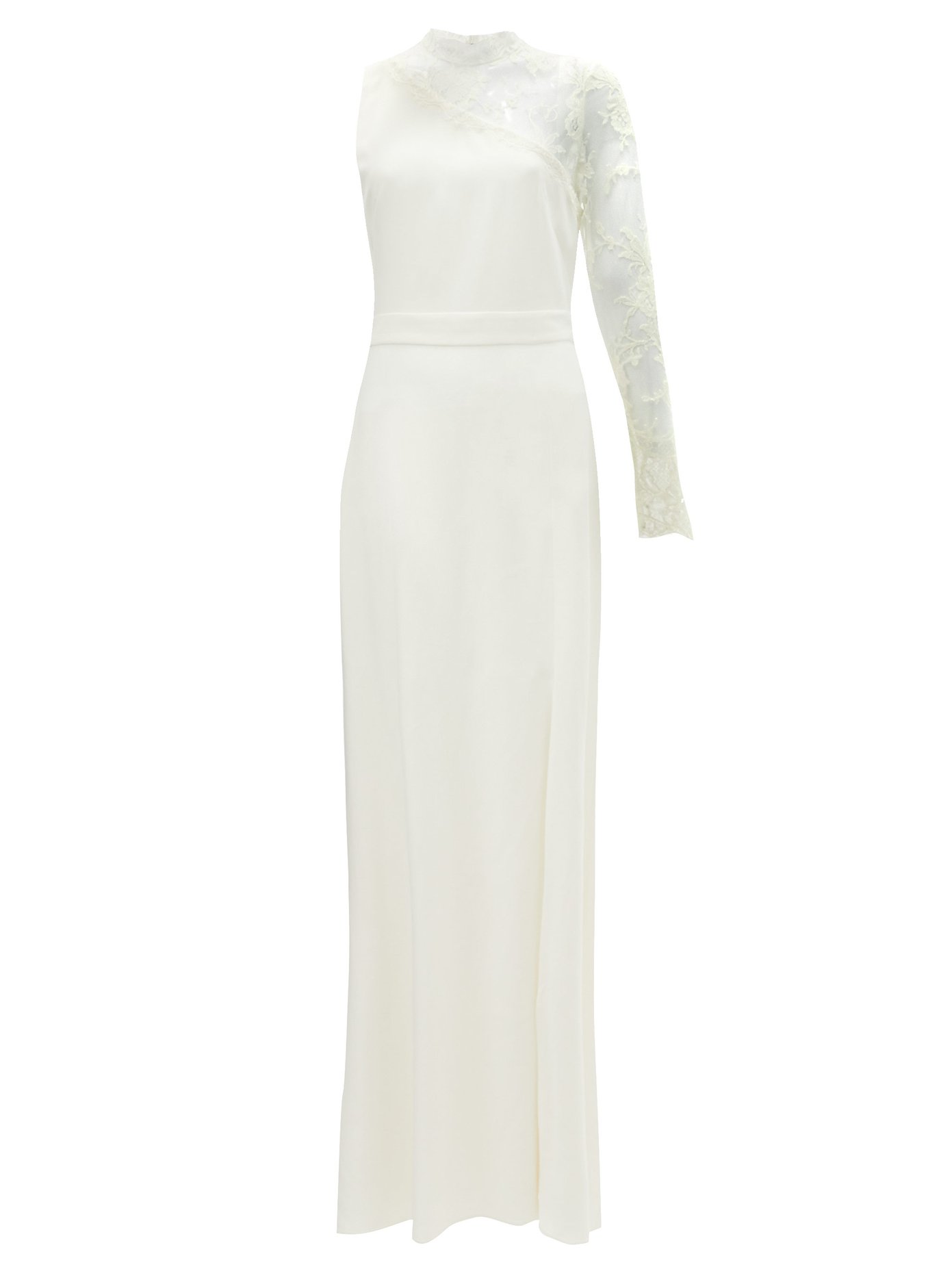 One-shoulder lace-trimmed crepe gown 