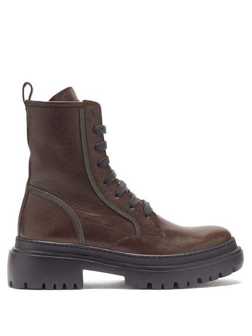 Chainmail-trim lace-up leather boots | Brunello Cucinelli ...