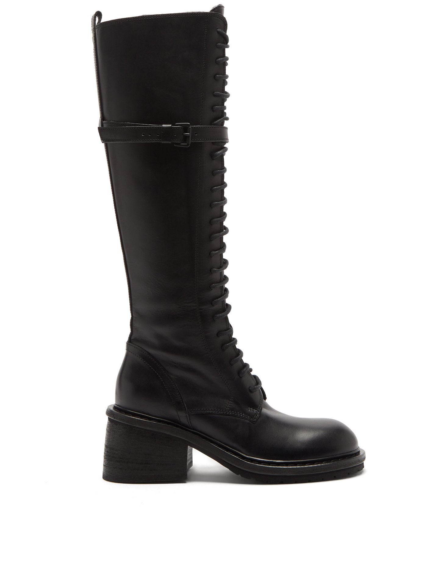 black leather lace up knee high boots