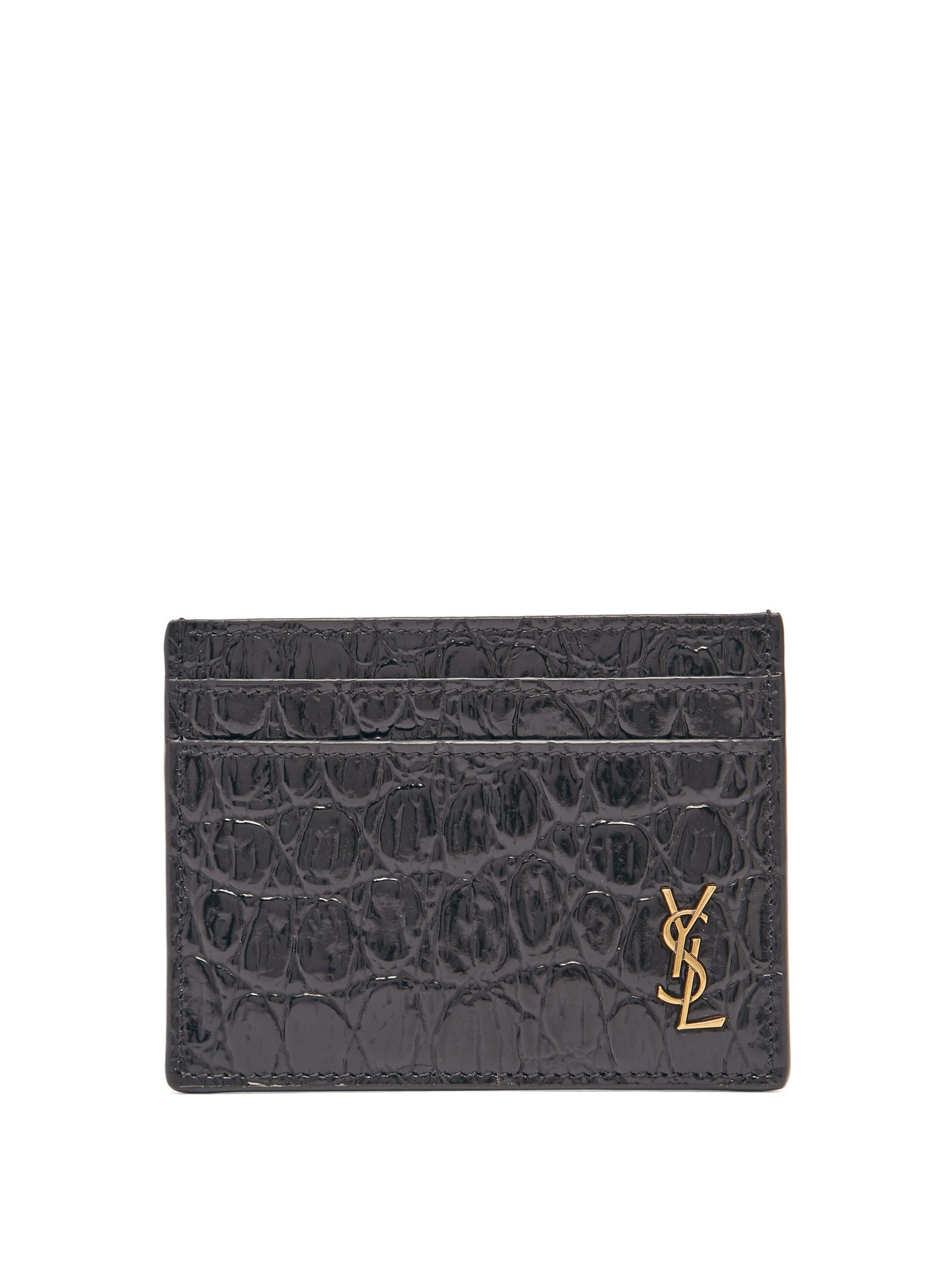 ysl-plaque crocodile-embossed leather cardholder | saint