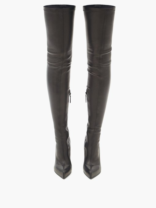 Point-toe leather over-the-knee boots 