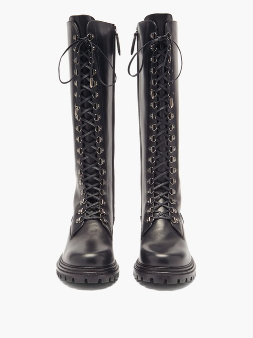 Combat lace-up leather knee-high boots 