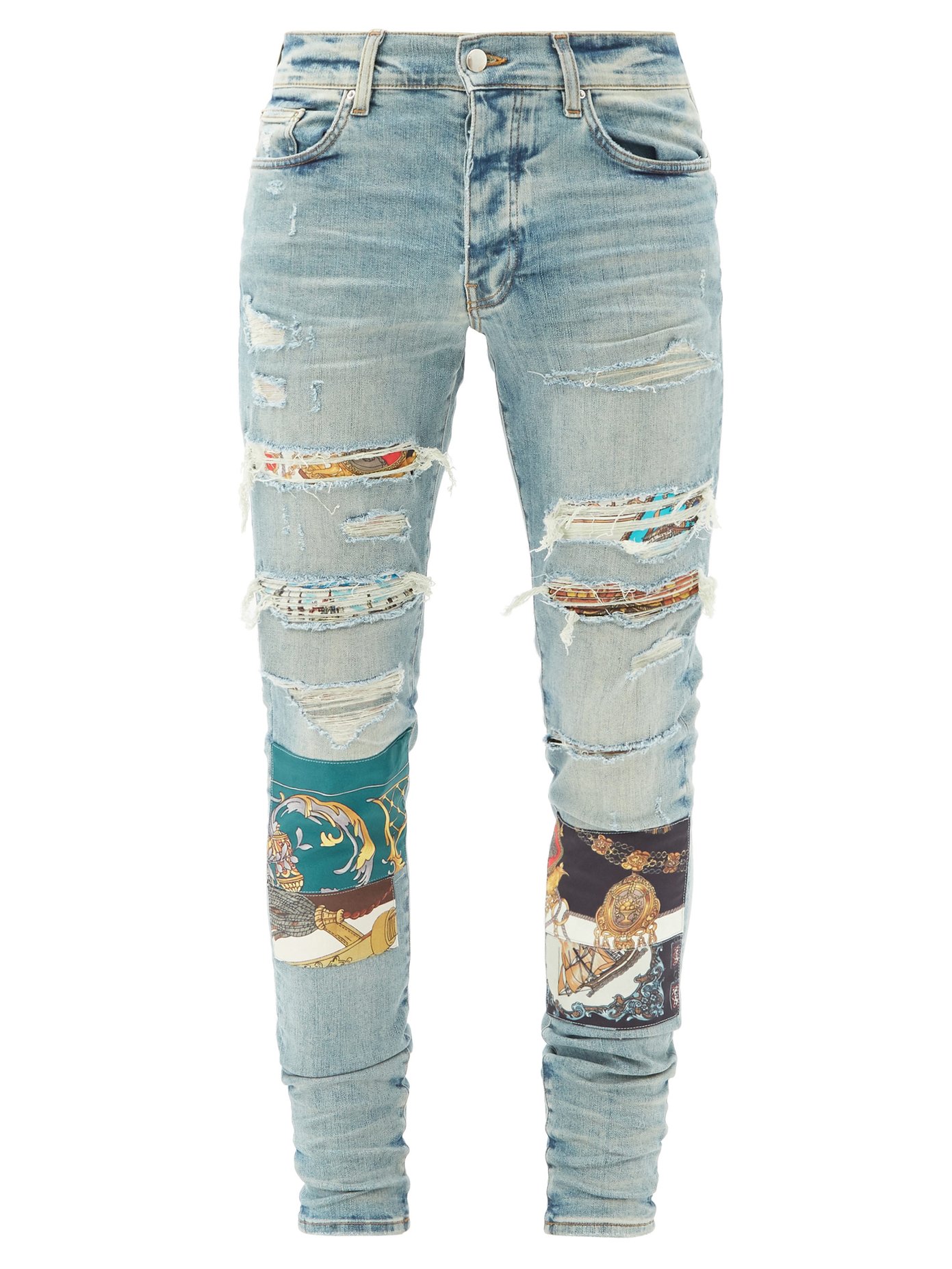 Amiri Scarf-patch Slim-leg Cotton-blend Denim Jeans In Blue | ModeSens