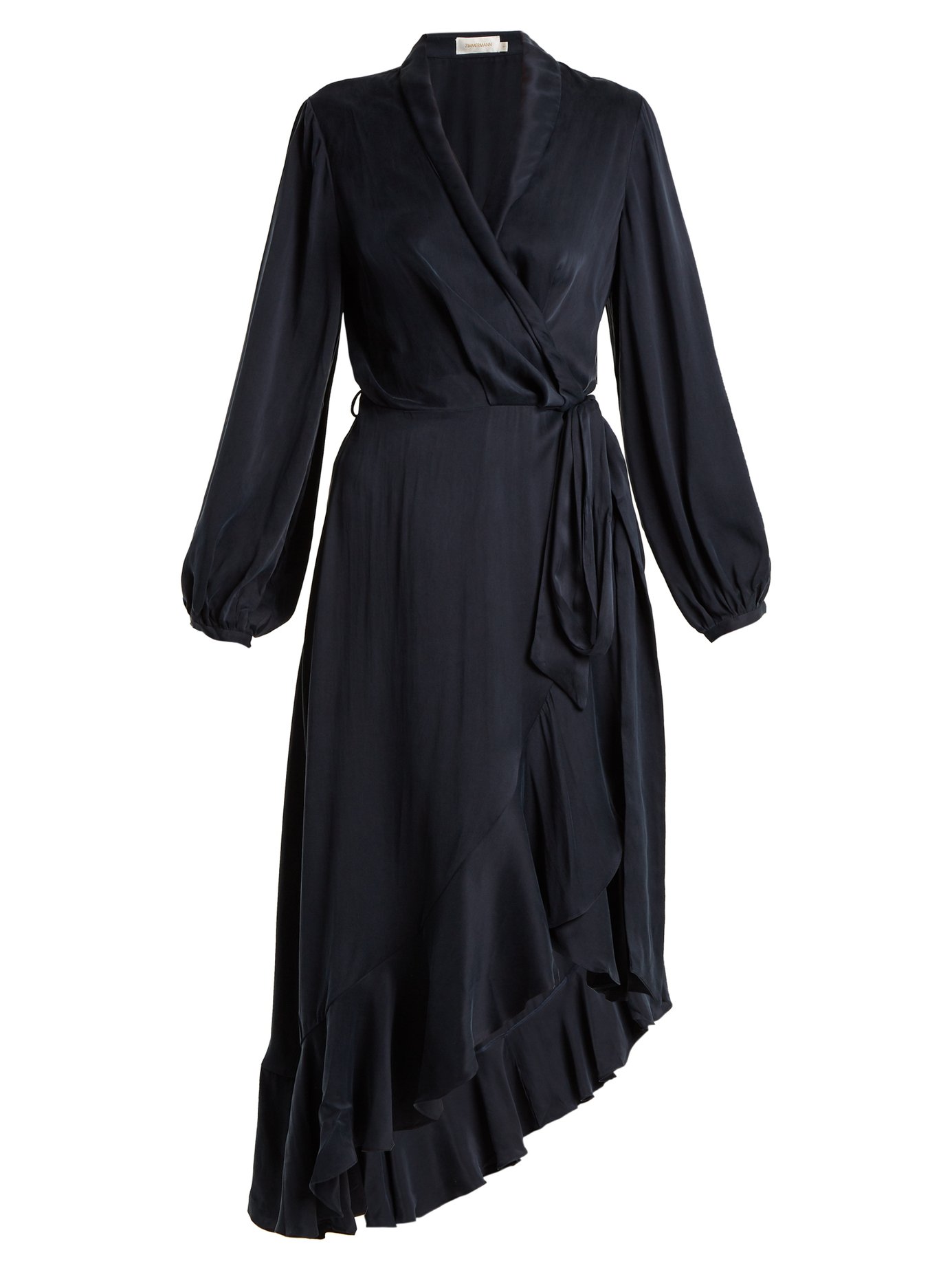 ZIMMERMANN Flounce Asymmetric Silk Wrap Dress in Navy | ModeSens