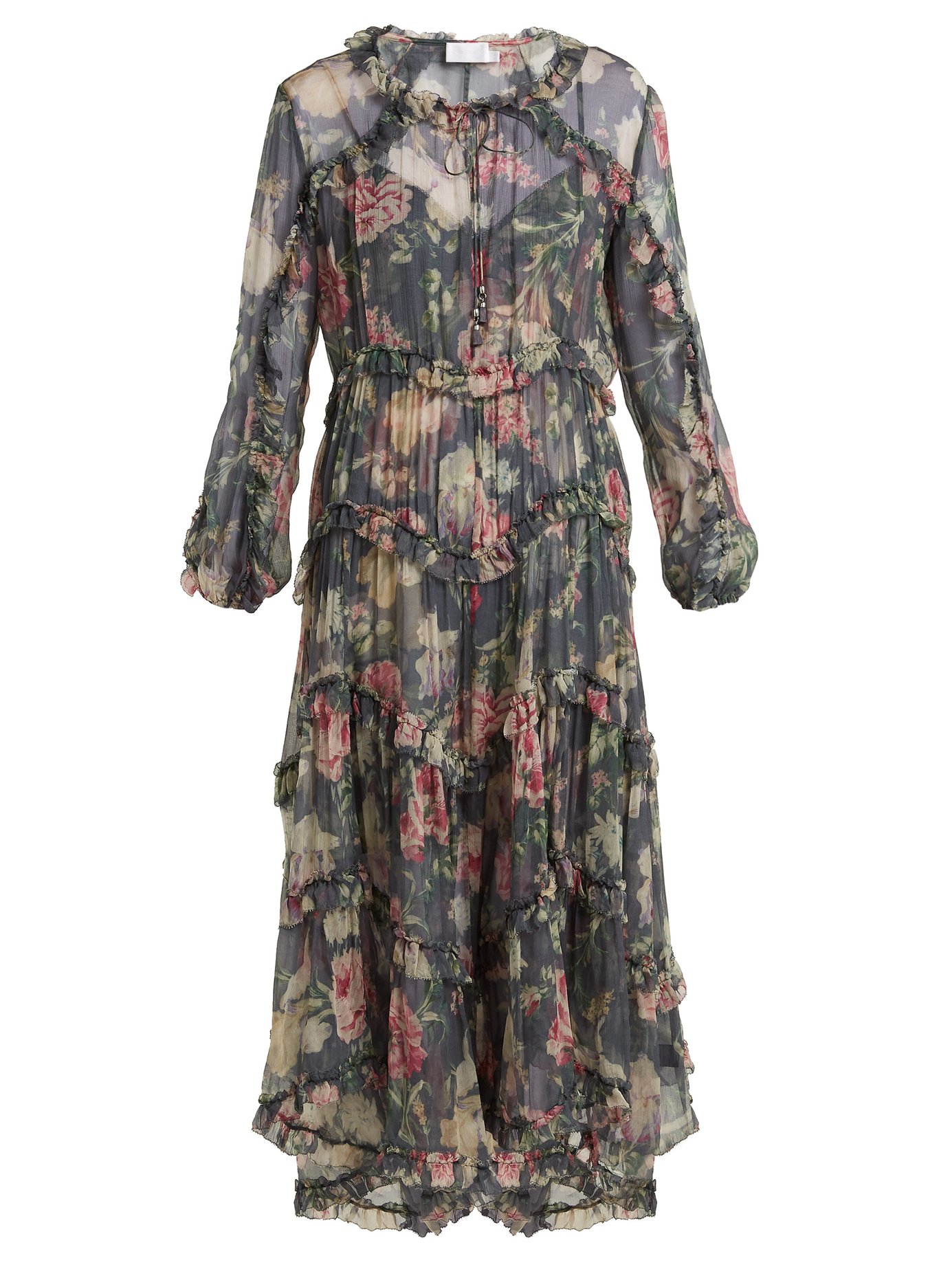 Zimmermann Iris Ruffled Floral-Print Silk-Crepon Midi Dress In Charcoal ...