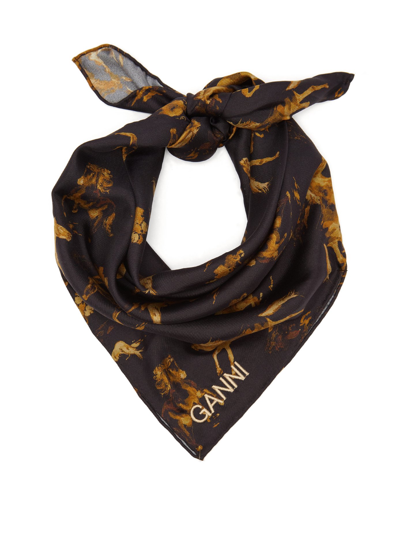Ganni Logo-embroidered horse-print twill scarf