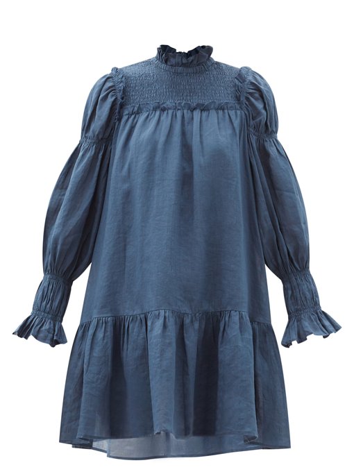 Hattie balloon-sleeve shirred ramie mini dress | Sea | MATCHESFASHION US