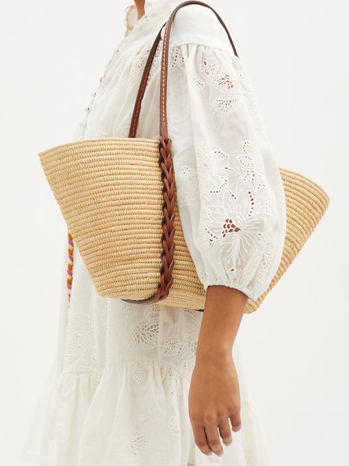 Leather and woven-straw basket bag 