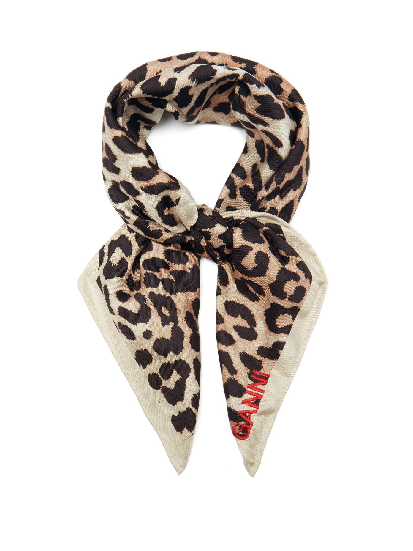 Logo-embroidered leopard-print twill scarf ganni