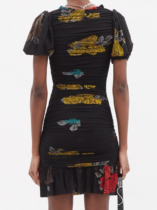 Ruched floral-print mesh-jersey mini dress | Ganni | MATCHESFASHION UK