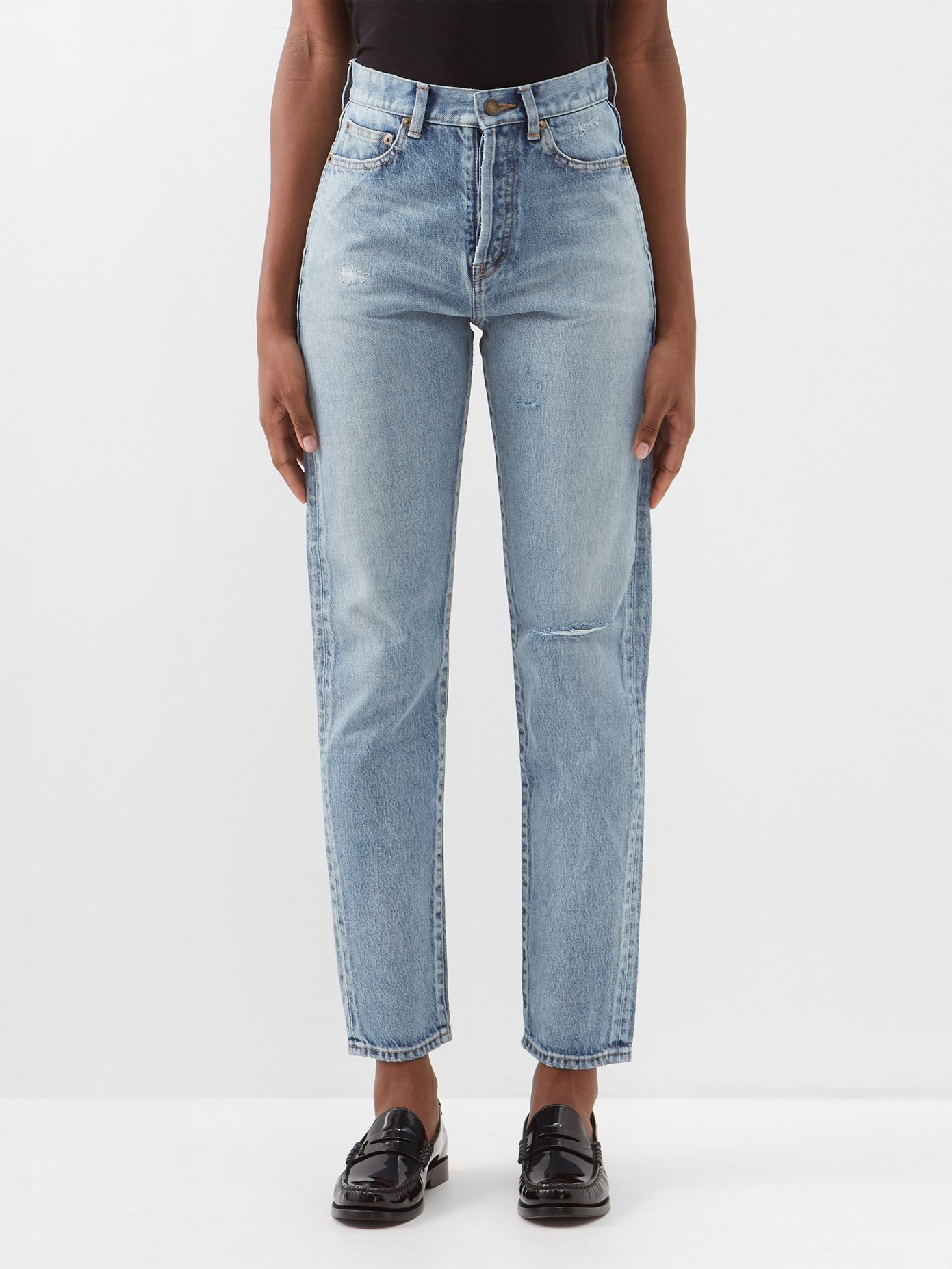 생 로랑 청바지 Saint Laurent Blue Distressed high-rise slim-leg jeans