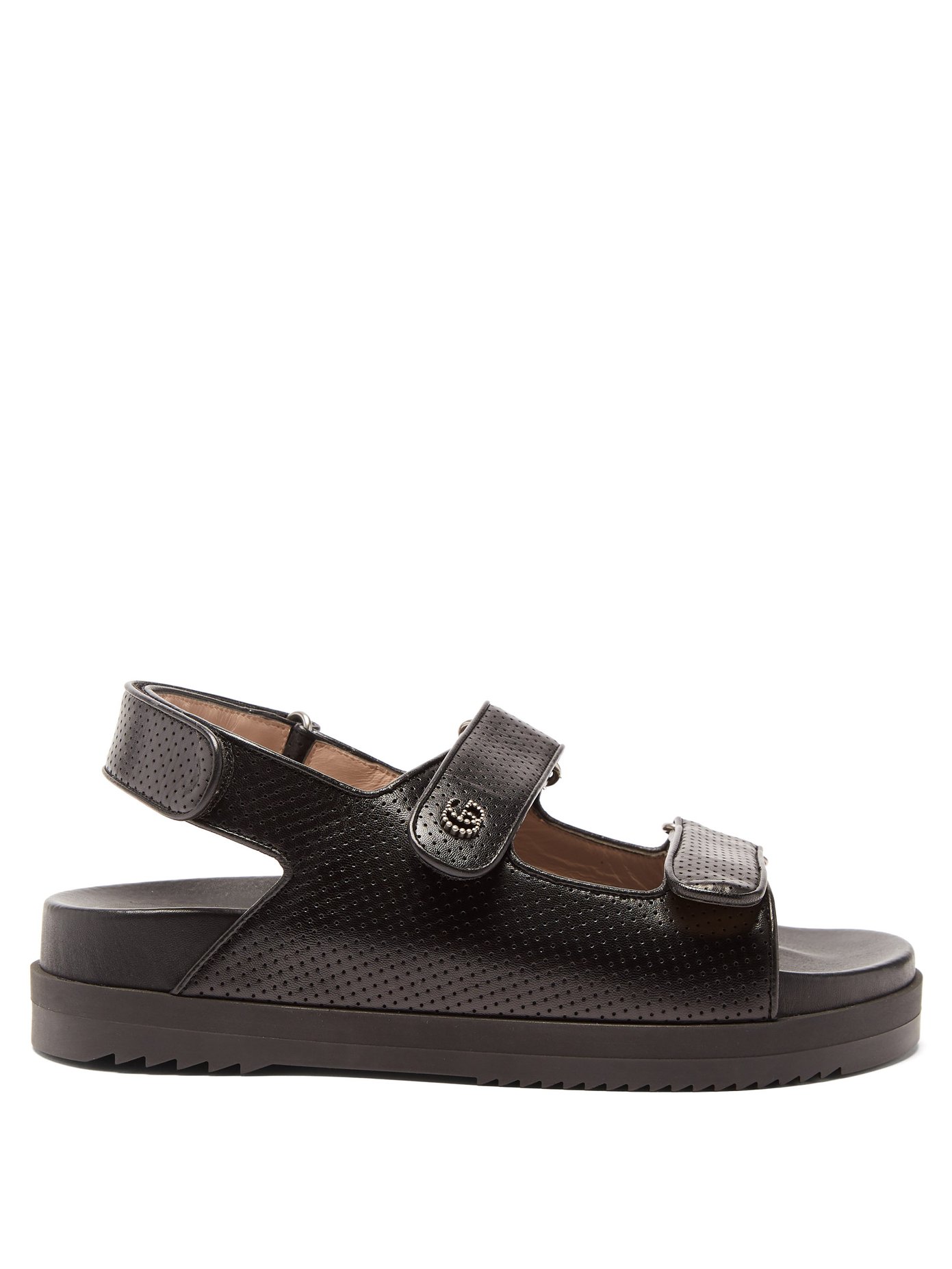 구찌 샌들 Gucci Black GG buckled perforated-leather sandals