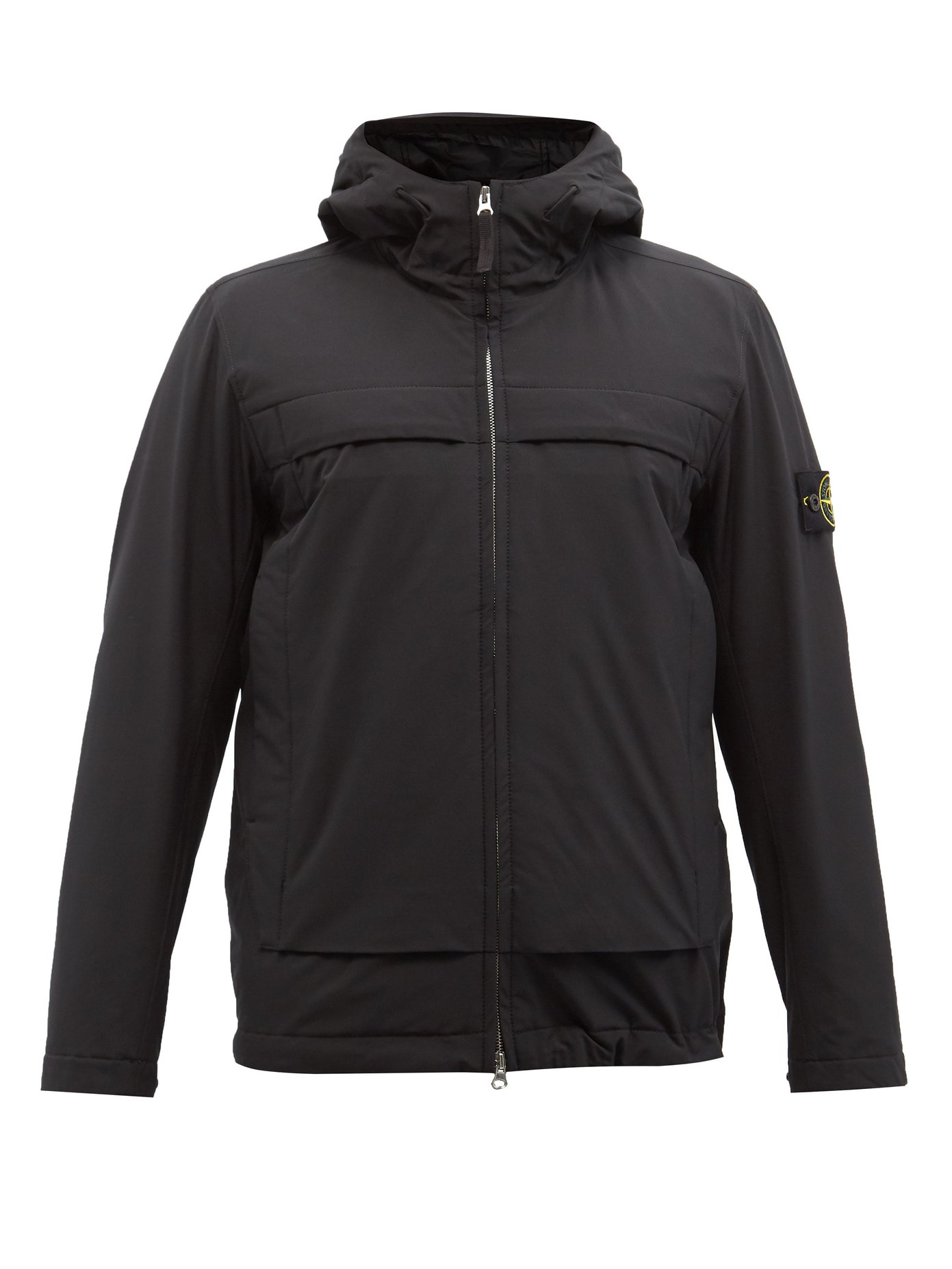 스톤 아일랜드 자켓 Stone Island Black Logo-patch garment-dyed soft-shell hooded jacket