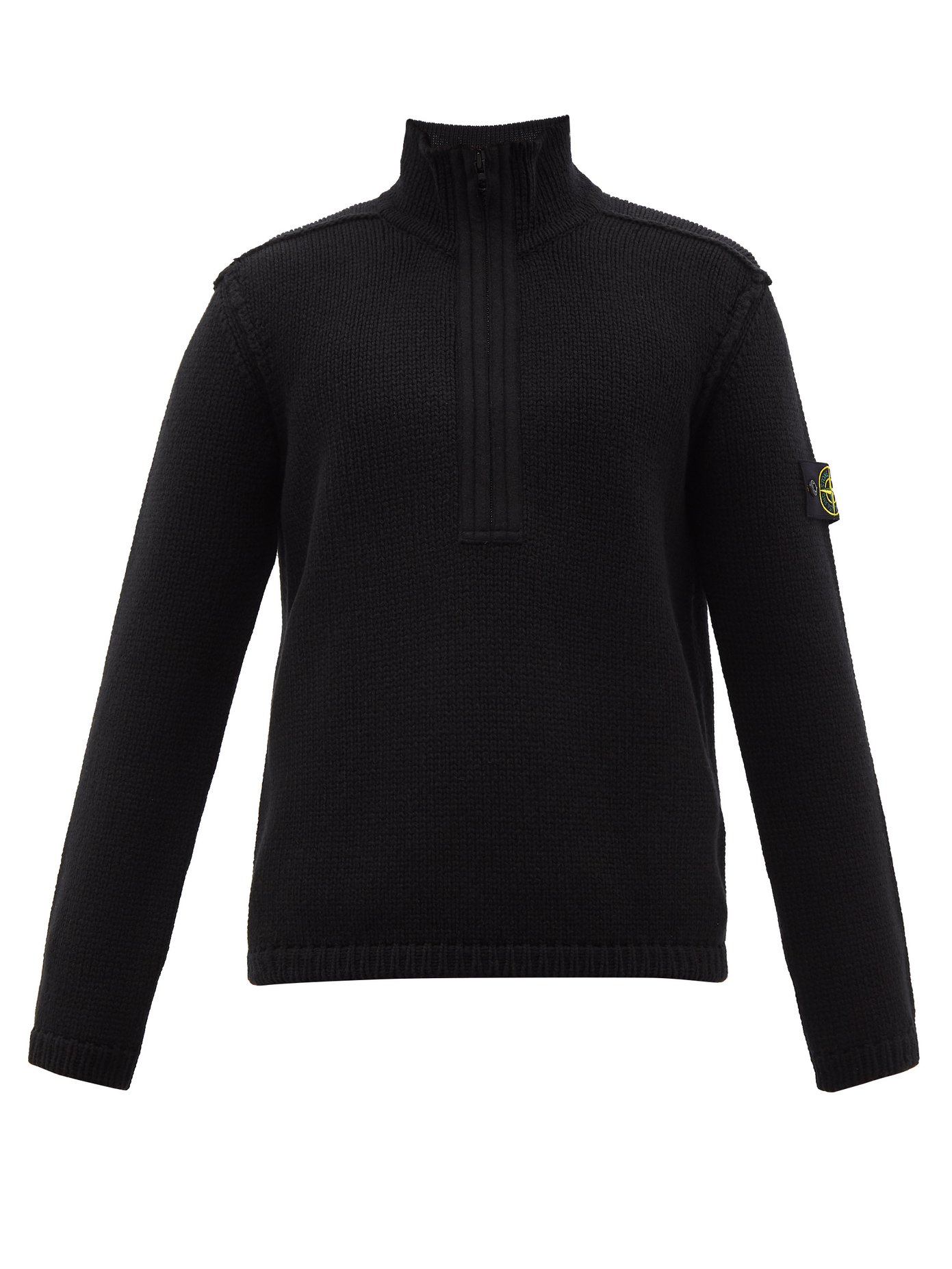 스톤 아일랜드 스웨터 Stone Island Black Logo-patch quarter-zip wool-blend sweater