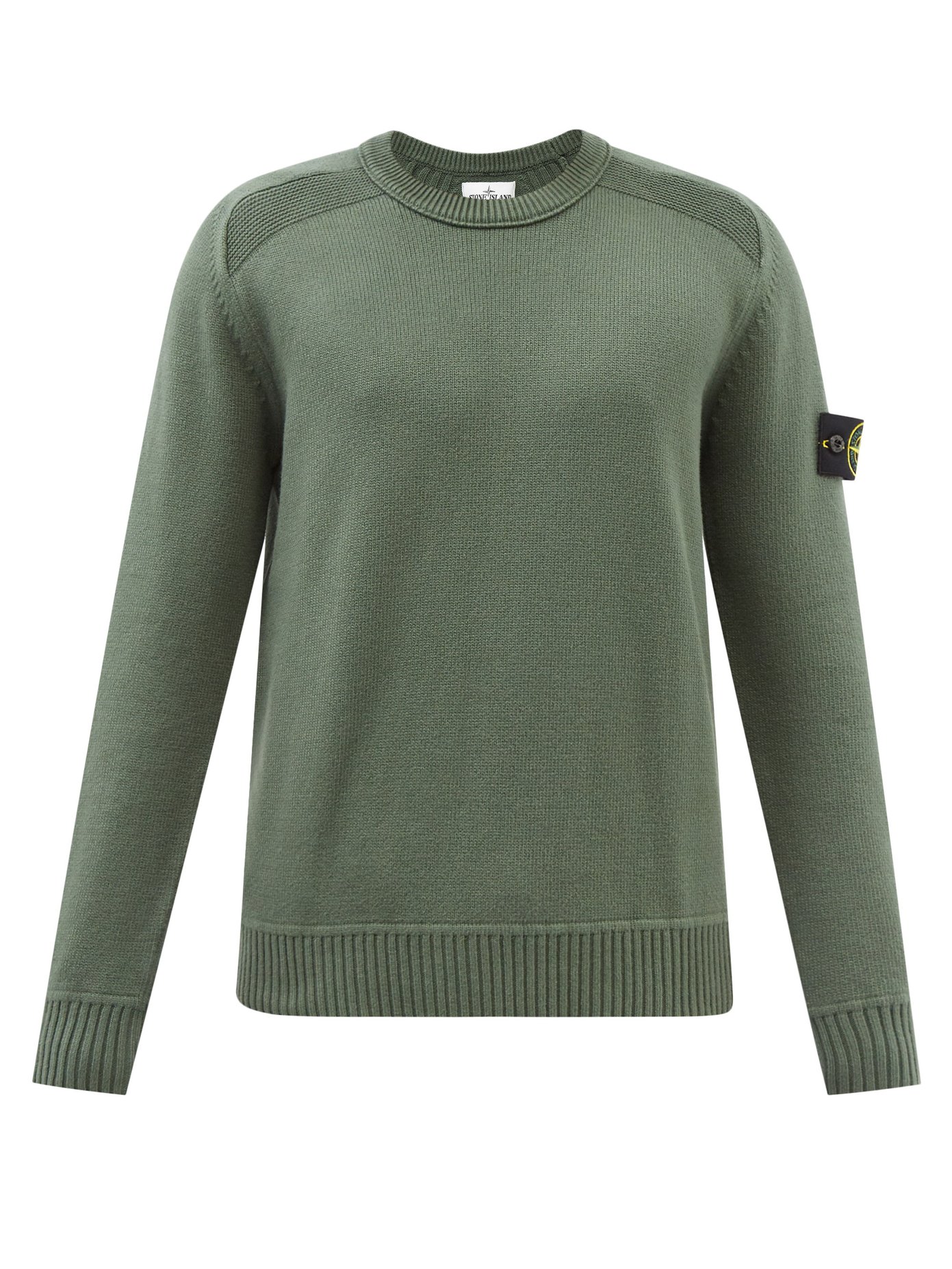 스톤 아일랜드 스웨터 Stone Island Green Ribbed-shoulder cotton-blend sweater