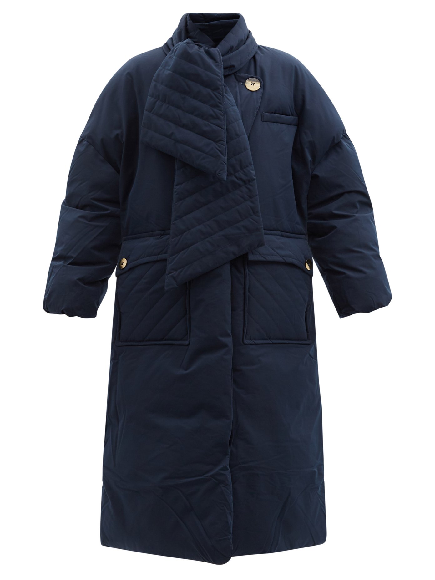 가니 스카프넥 롱패딩 - 네이비 Ganni Navy Soft Tech scarf-neck recycled-fibre padded coat
