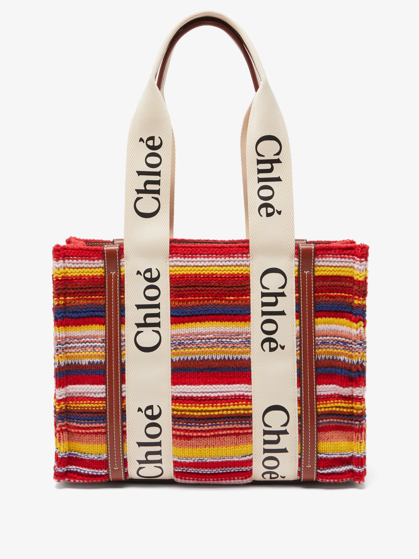 22SS 끌로에 우디 토트백 스몰, 스트라이프 캐시미어 Chloe Red Woody small striped recycled-cashmere tote bag