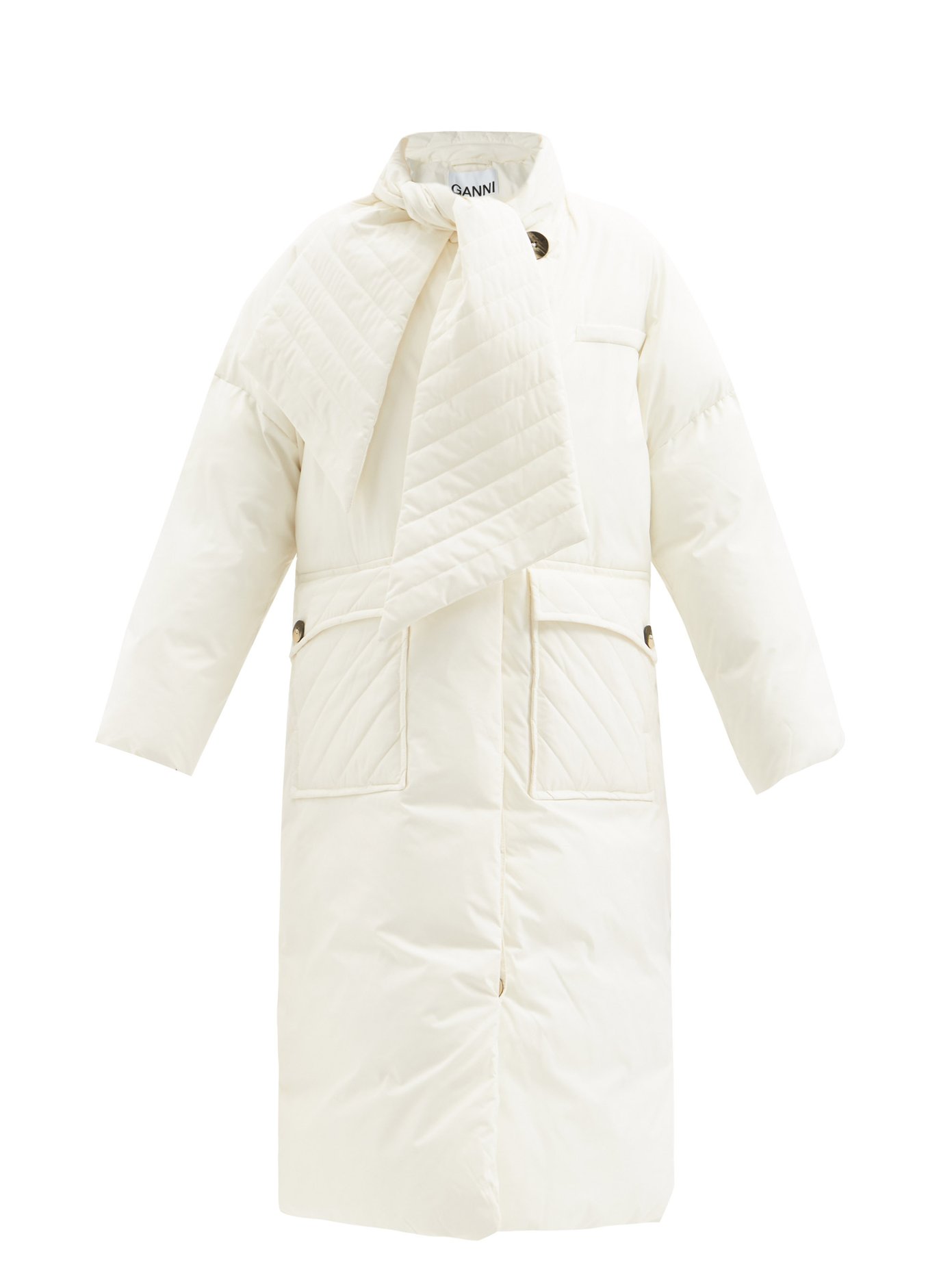 가니 스카프넥 롱패딩 - 화이트 Ganni White Soft Tech scarf-neck recycled-fibre padded coat