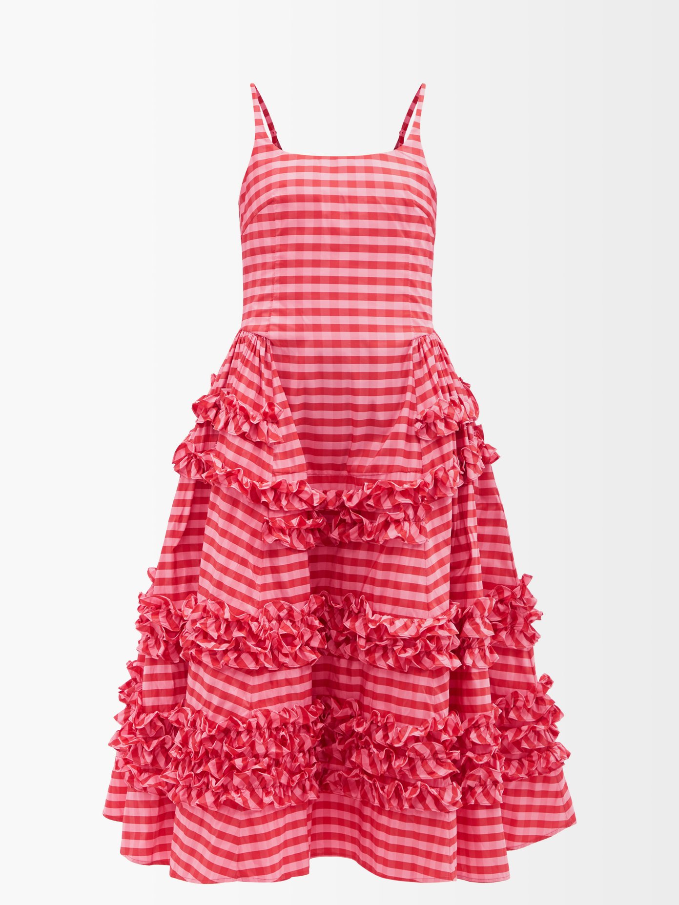 몰리 고다드 깅엄 원피스 Molly Goddard Pink Ruby frilled gingham midi dress