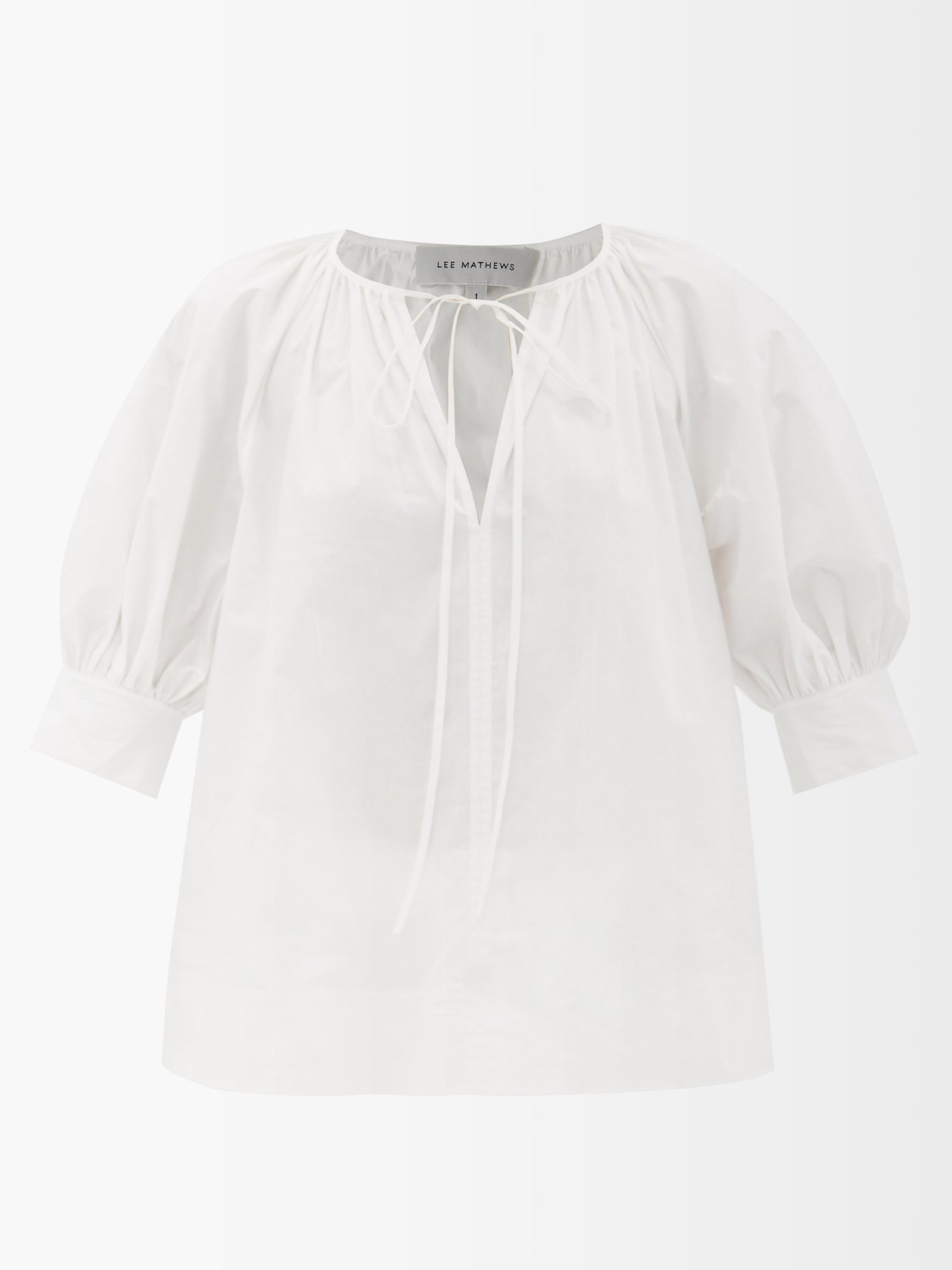 리 매튜스 블라우스 Lee Mathews White Elsie neck-tie cotton-poplin blouse