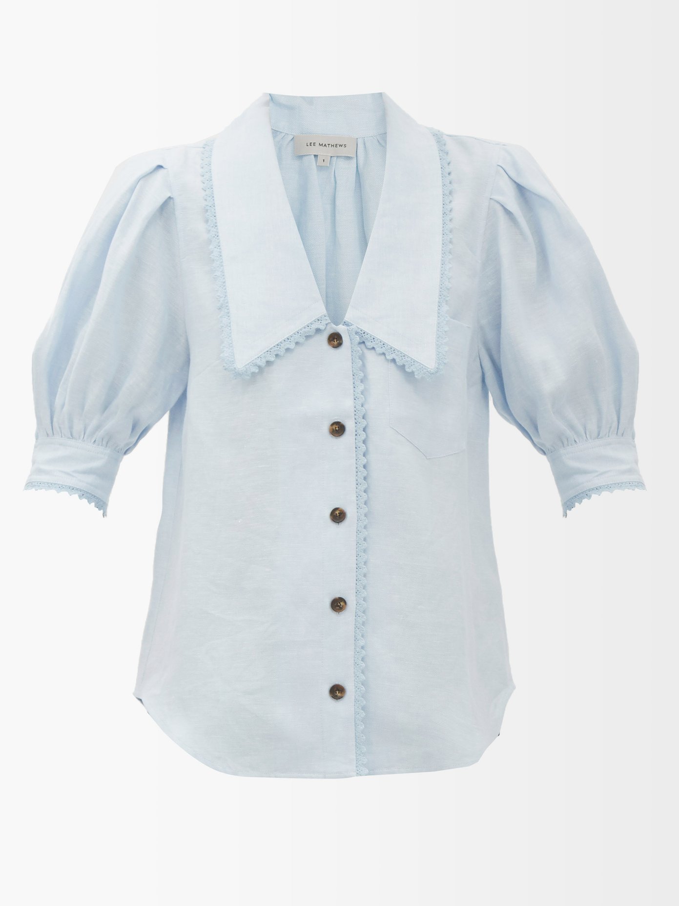 리 매튜스 원피스 Lee Mathews Blue Ali elongated-collar linen blouse
