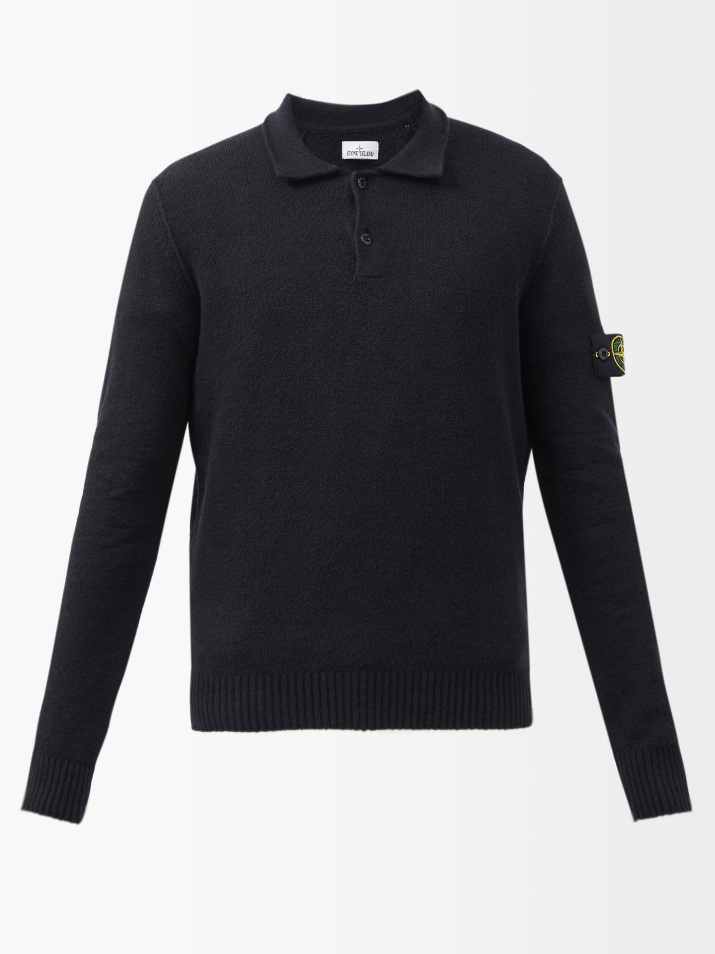스톤 아일랜드 폴로 스웨터 Stone Island Black Logo-patch cotton-blend polo sweater