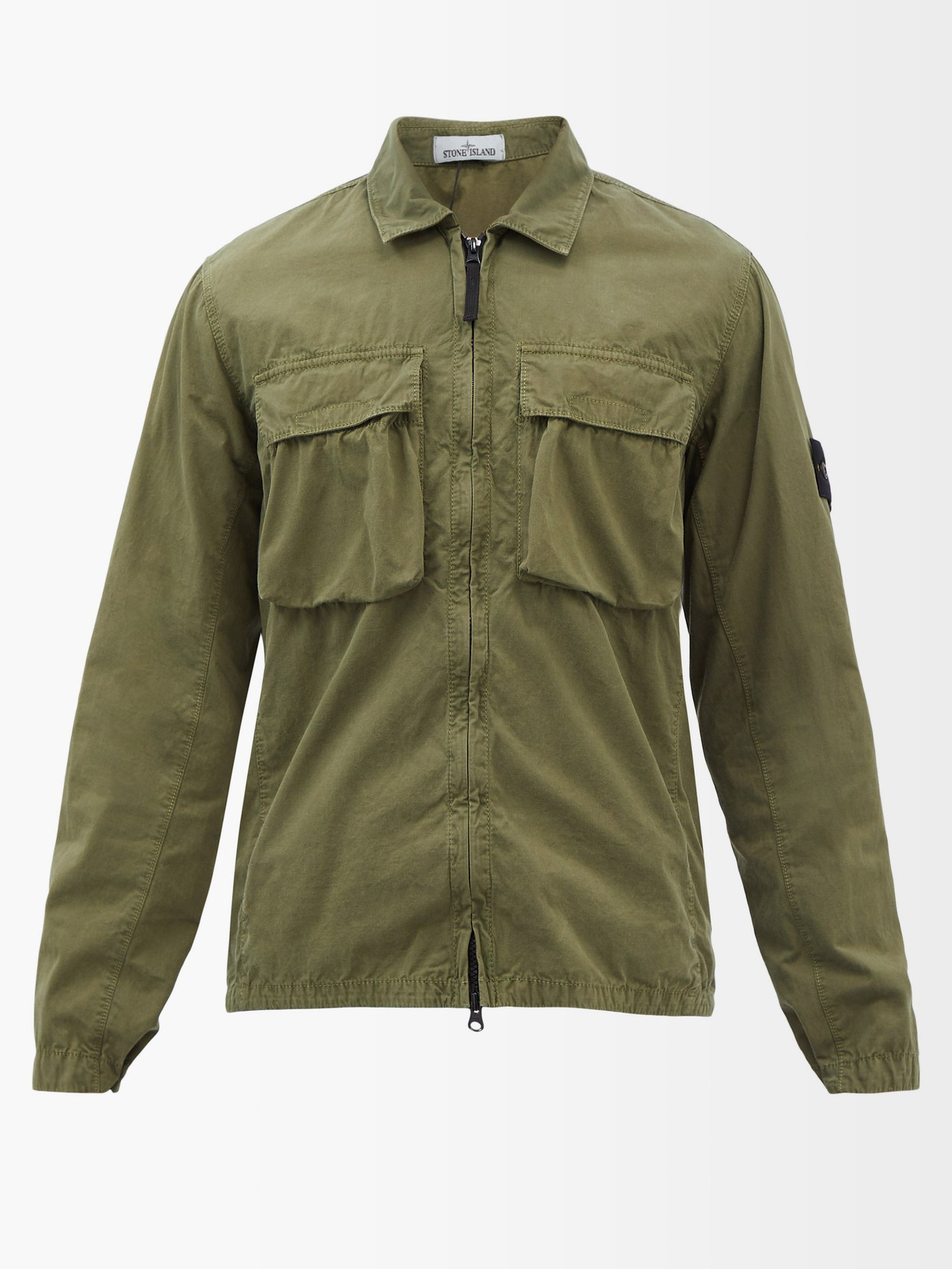 스톤 아일랜드 오버 셔츠 Stone Island Green Logo-patch zipped cotton-Tela overshirt