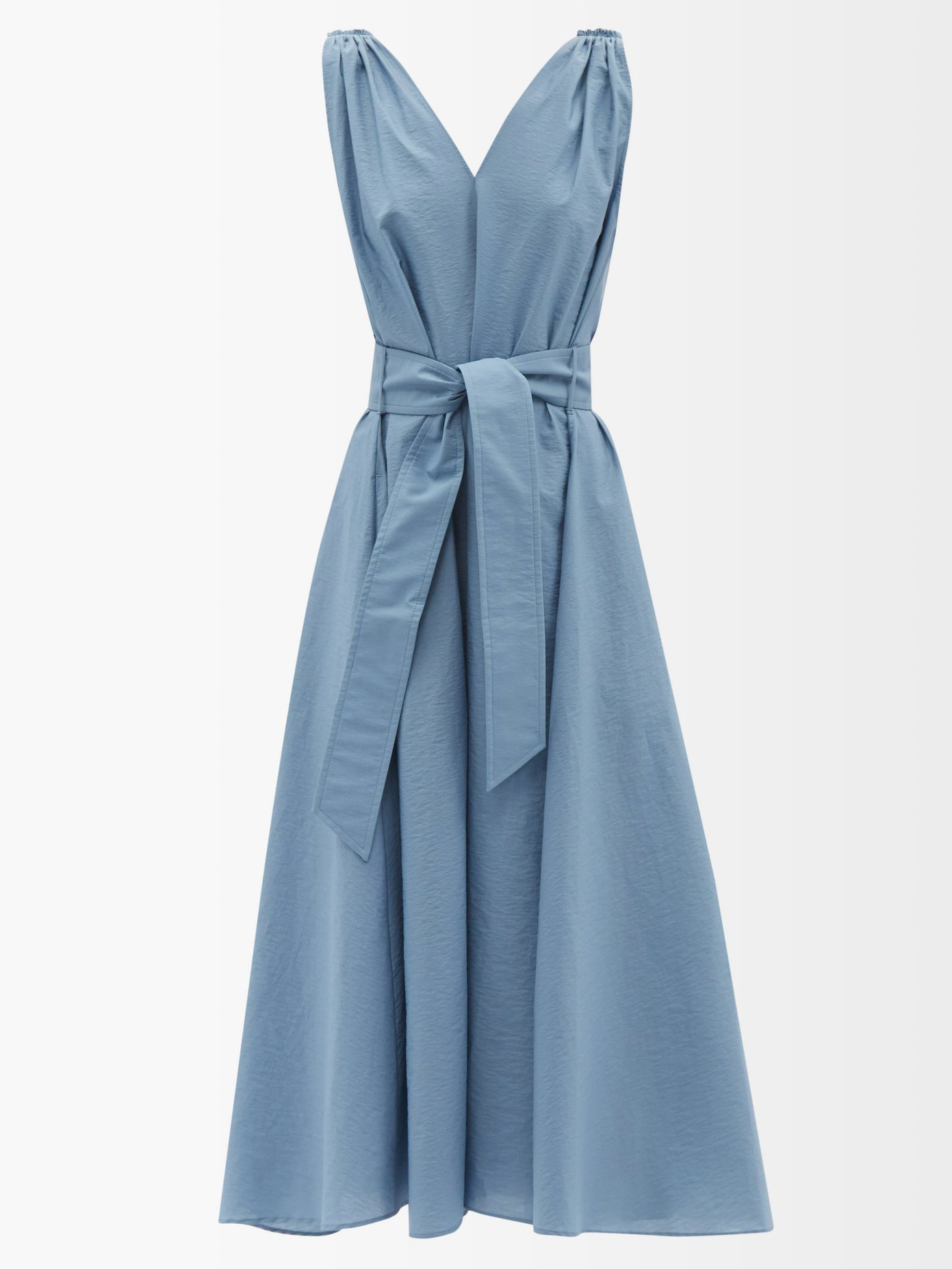 브루넬로 쿠치넬리 미디 원피스 Brunello Cucinelli Blue Crinkled cotton-blend poplin midi dress