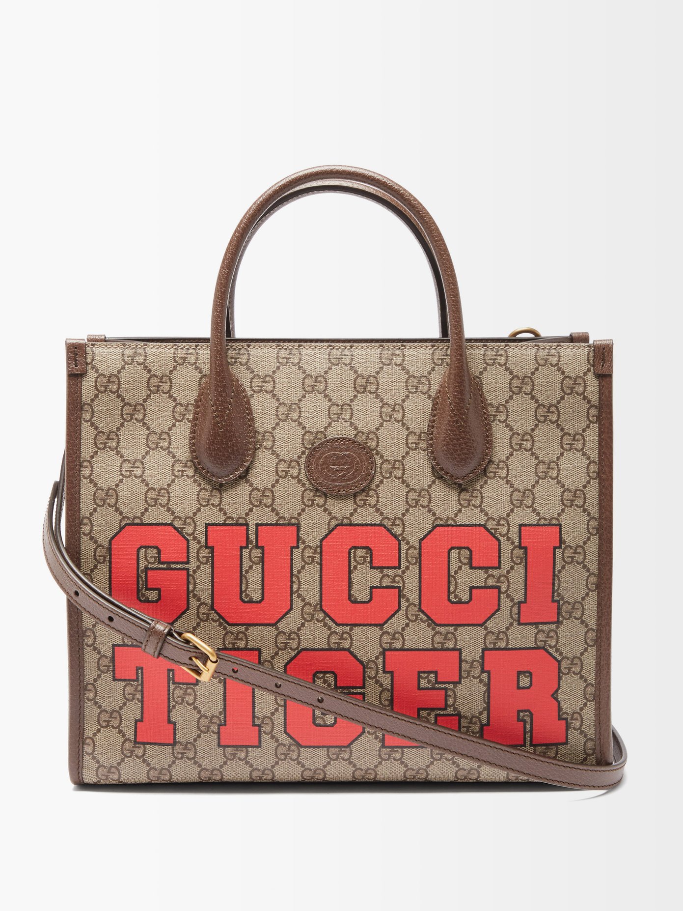 구찌 타이거 로고 토트백 Gucci Brown Tiger-logo GG-Supreme canvas tote bag