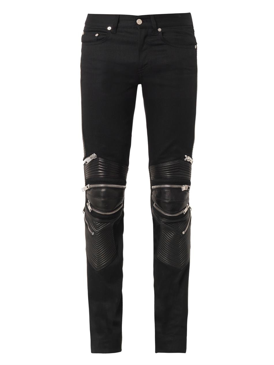 Leather and denim skinny biker jeans 