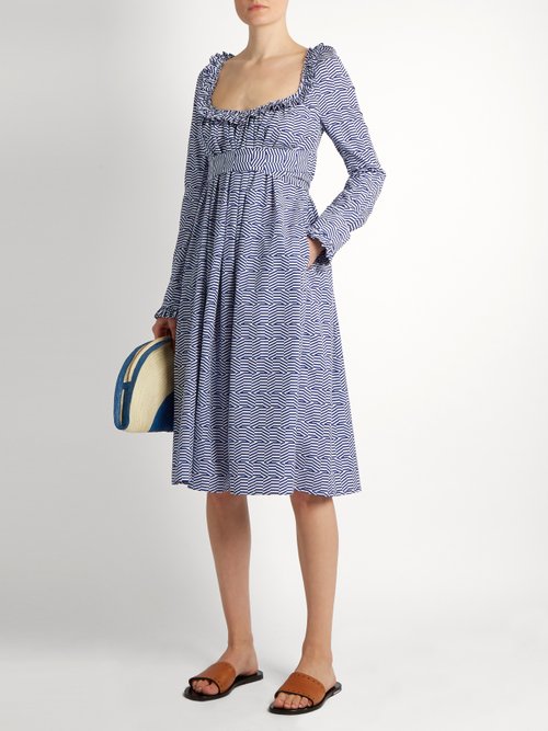 Thierry Colson Geometric-print Cotton-poplin Dress Blue White - 80% Off Sale