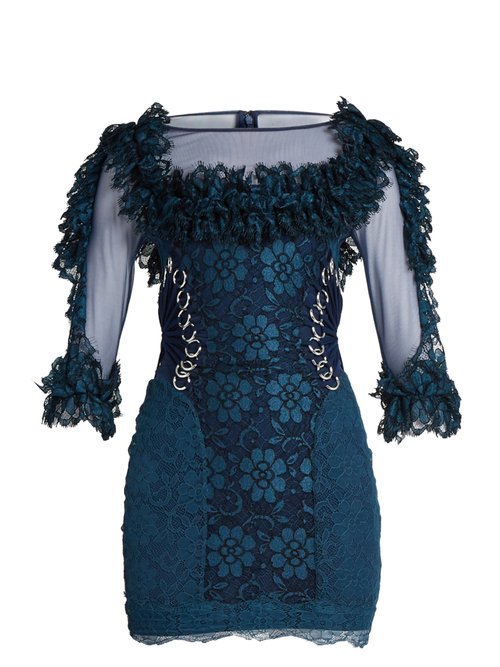 Buy Christopher Kane - Contrast-panel Ring-embellished Lace Mini Dress Navy online - shop best Christopher Kane clothing sales