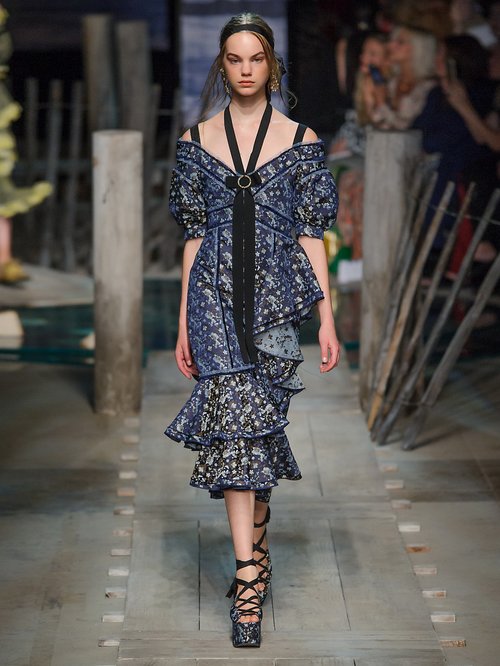 Erdem Kaitlyn Floral-jacquard Open-shoulder Dress Navy Print - 80% Off Sale