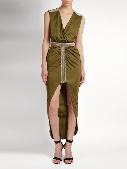 Balmain Wrap-front Embellished V-neck Dress Khaki - 80% Off Sale