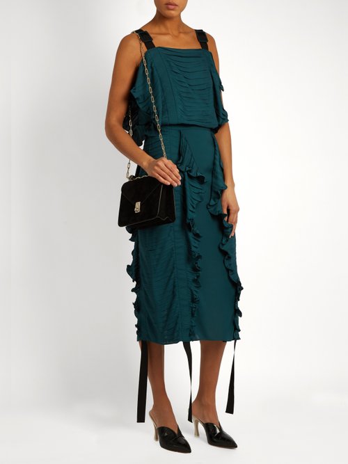 Marco De Vincenzo Ruched Ruffle-trimmed Satin Top Black Green - 80% Off Sale