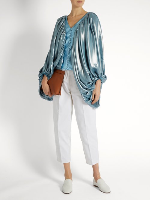 Hillier Bartley Balloon-sleeve Silk-blend And Faux-leather Top Blue - 80% Off Sale