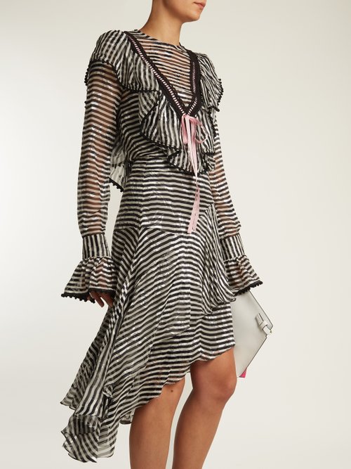 Preen By Thornton Bregazzi Corin Ruffle-trimmed Striped Silk-devoré Dress Black Stripe - 80% Off Sale