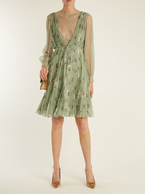 Valentino Floral-print Lace-trimmed Silk-chiffon Dress Green Print - 80% Off Sale
