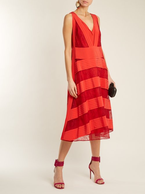 Valentino Panelled-lace V-neck Dress Red - 80% Off Sale