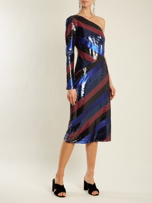 Diane Von Furstenberg One-shoulder Striped Sequin Dress Navy Stripe - 80% Off Sale