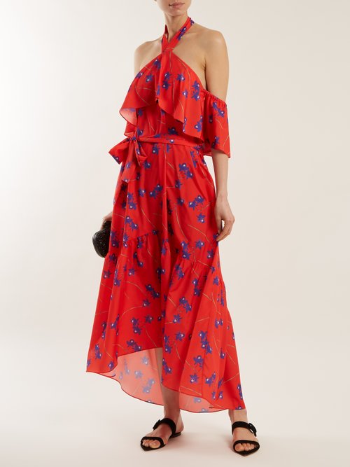 Borgo De Nor Josephine Off-the-shoulder Crepe Dress Red Print - 80% Off Sale