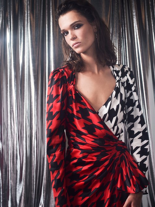 The Attico Pat Hound's-tooth Checked Satin Wrap Dress Black Red Print - 80% Off Sale