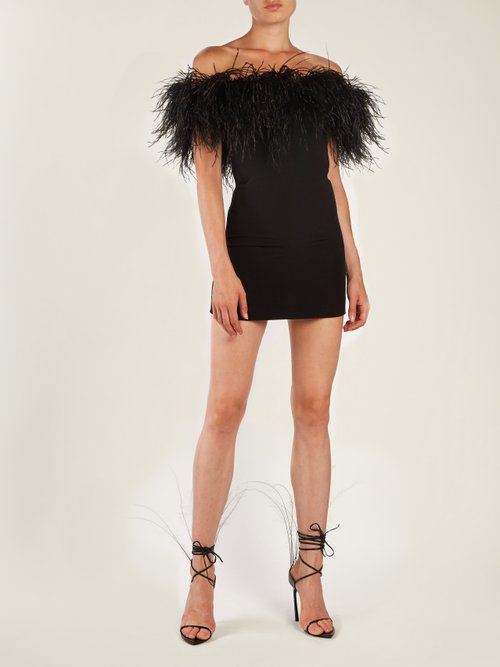 Saint Laurent Off-the-shoulder Ostrich Feather-trimmed Dress Black - 80% Off Sale