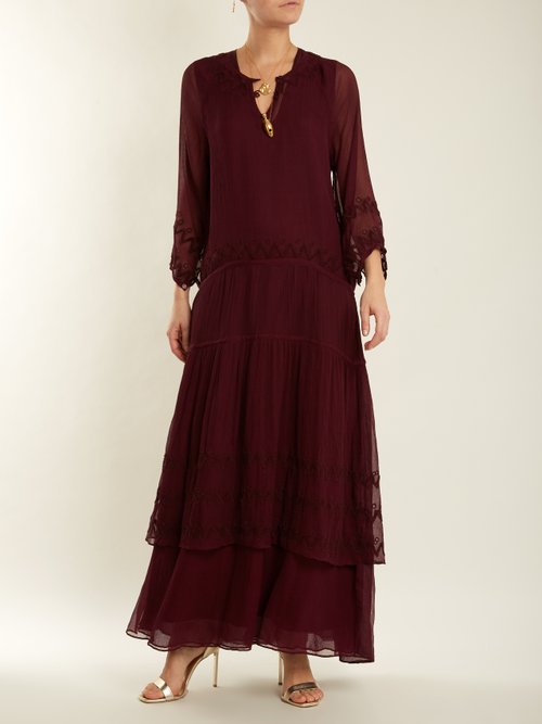 Jupe By Jackie Vesuvius Embroidered Silk-chiffon Dress Burgundy Multi - 80% Off Sale